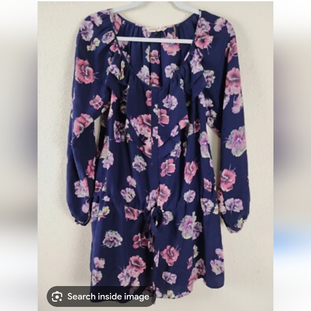 Rebecca Taylor Navy & Pink Floral Silk Long Sleeve Dress Size 8
